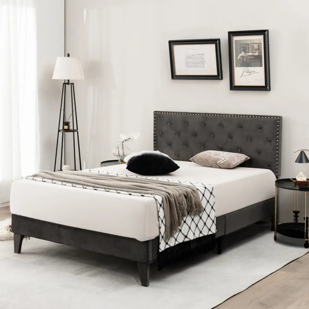 Full/Queen Size Upholstered Platform Bed with Tufted Headboard-Full Size - Gray - Simple Bed Frame