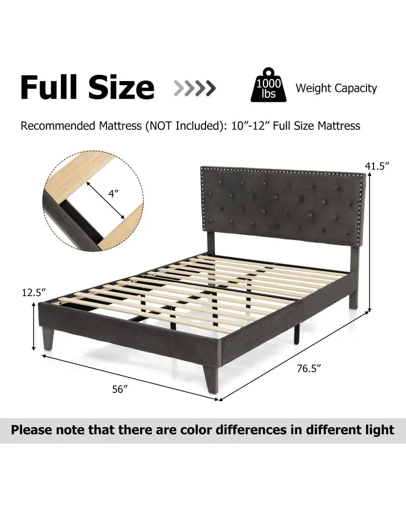 Full/Queen Size Upholstered Platform Bed with Tufted Headboard-Full Size - Gray - Simple Bed Frame