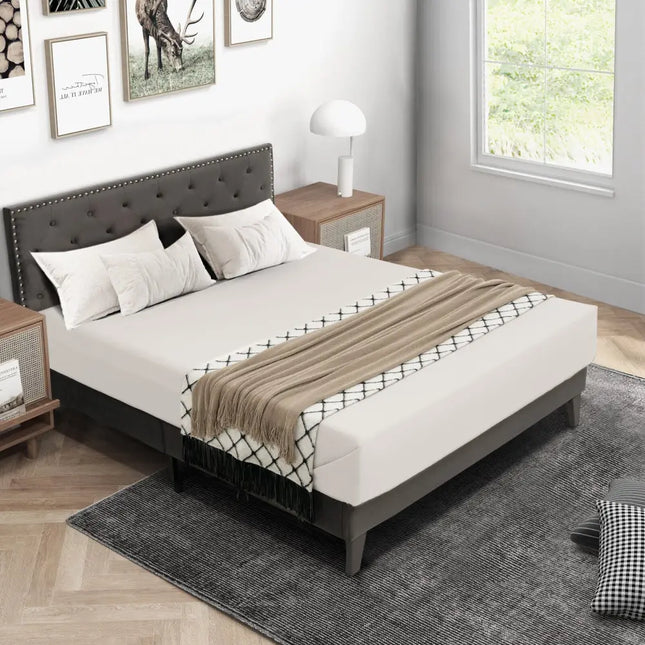 Full/Queen Size Upholstered Platform Bed with Tufted Headboard-Queen Size - Gray - Simple Bed Frame