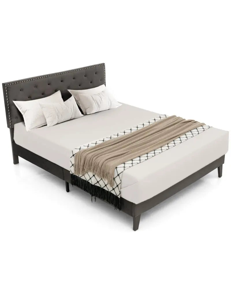 Full/Queen Size Upholstered Platform Bed with Tufted Headboard-Queen Size - Gray - Simple Bed Frame
