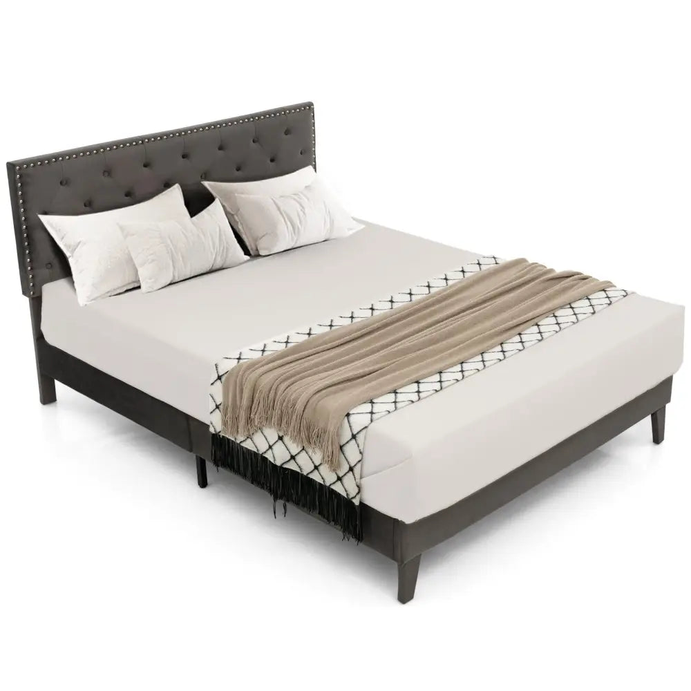 Full/Queen Size Upholstered Platform Bed with Tufted Headboard-Queen Size - Gray - Simple Bed Frame