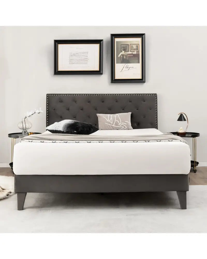 Full/Queen Size Upholstered Platform Bed with Tufted Headboard-Queen Size - Gray - Simple Bed Frame