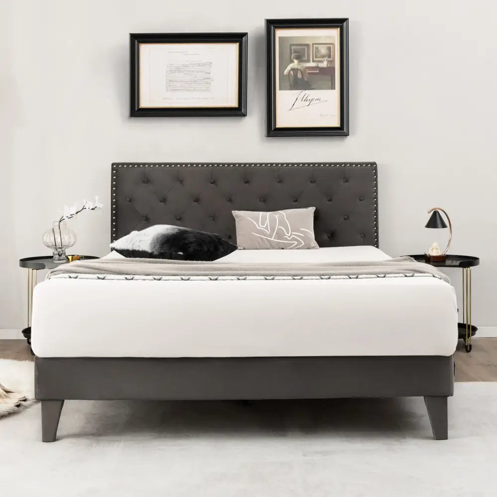 Full/Queen Size Upholstered Platform Bed with Tufted Headboard-Queen Size - Gray - Simple Bed Frame