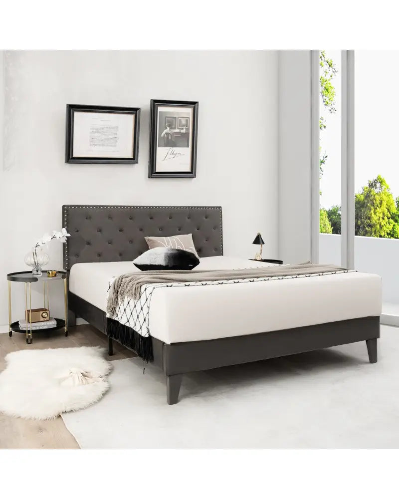 Full/Queen Size Upholstered Platform Bed with Tufted Headboard-Queen Size - Gray - Simple Bed Frame