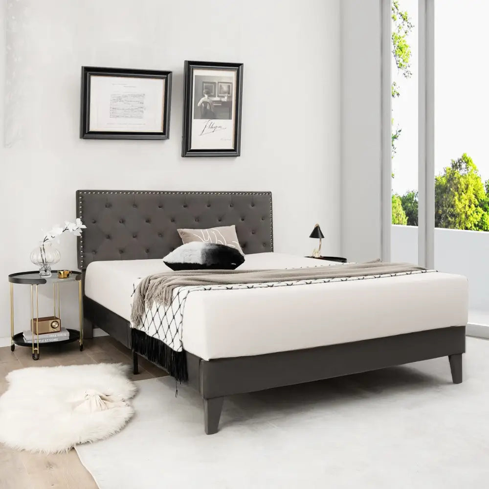 Full/Queen Size Upholstered Platform Bed with Tufted Headboard-Queen Size - Gray - Simple Bed Frame