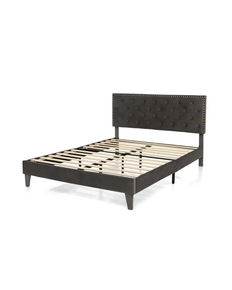 Full/Queen Size Upholstered Platform Bed with Tufted Headboard-Queen Size - Gray - Simple Bed Frame