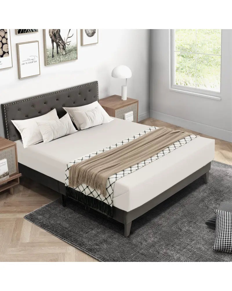 Full/Queen Size Upholstered Platform Bed with Tufted Headboard-Queen Size - Gray - Simple Bed Frame