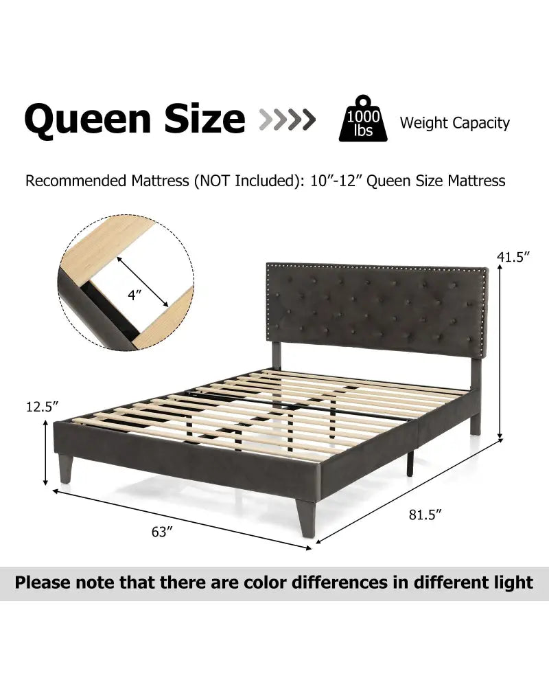 Full/Queen Size Upholstered Platform Bed with Tufted Headboard-Queen Size - Gray - Simple Bed Frame