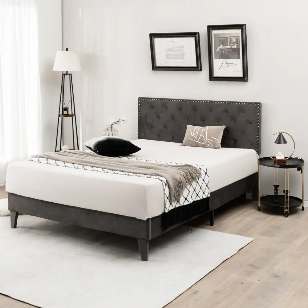 Full/Queen Size Upholstered Platform Bed with Tufted Headboard-Queen Size - Gray - Simple Bed Frame