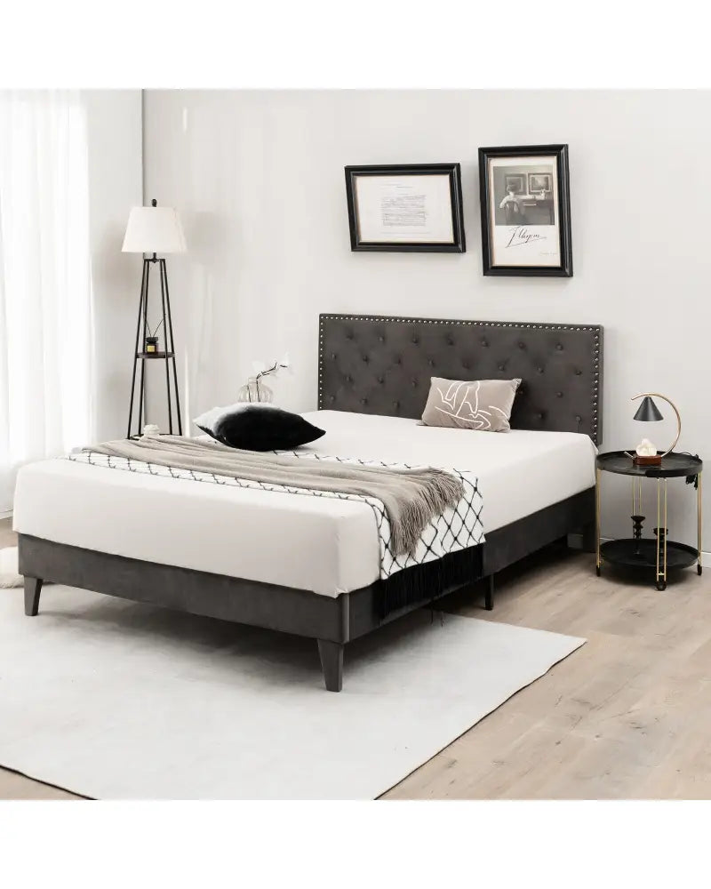 Full/Queen Size Upholstered Platform Bed with Tufted Headboard-Queen Size - Gray - Simple Bed Frame
