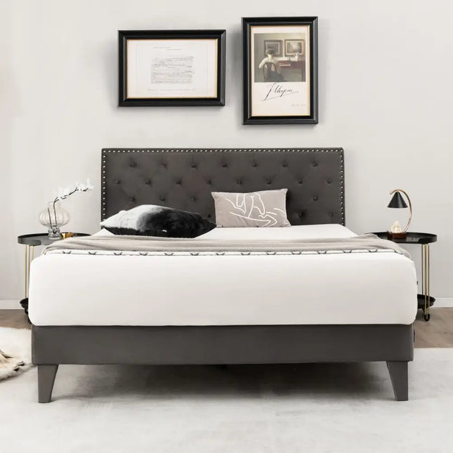 Full/Queen Size Upholstered Platform Bed with Tufted Headboard-Queen Size - Gray - Simple Bed Frame