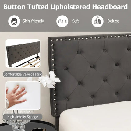 Full/Queen Size Upholstered Platform Bed with Tufted Headboard-Queen Size - Gray - Simple Bed Frame