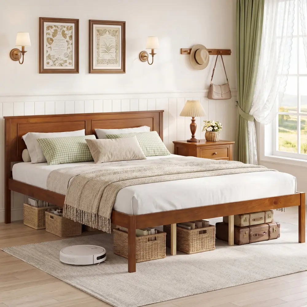 Full/Queen/Twin Size Bed Frame Farmhouse Wooden Platform Bed with Headboard-Queen Size - Simple Bed Frame
