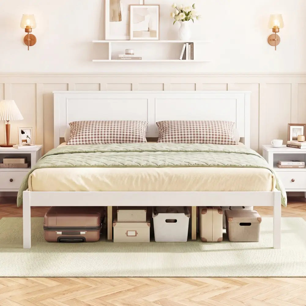 Full/Queen/Twin Size Bed Frame Farmhouse Wooden Platform Bed with Headboard White-Queen Size - Simple Bed Frame