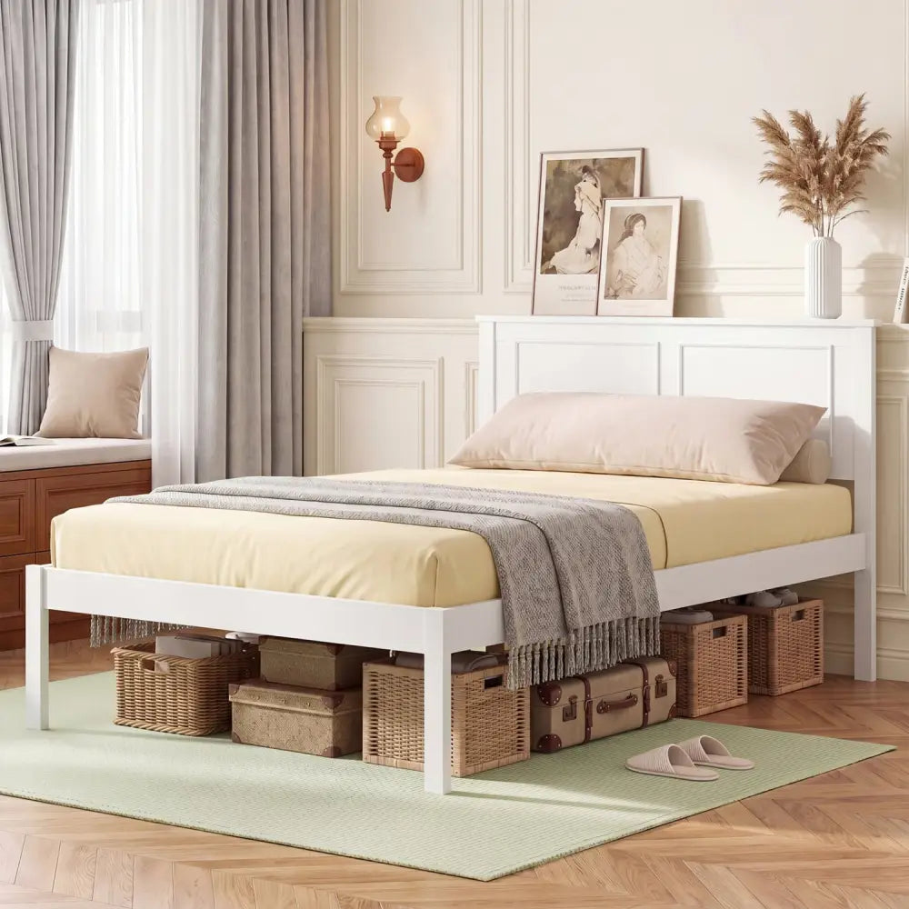 Full/Queen/Twin Size Bed Frame Farmhouse Wooden Platform Bed with Headboard White-Twin Size - Simple Bed Frame