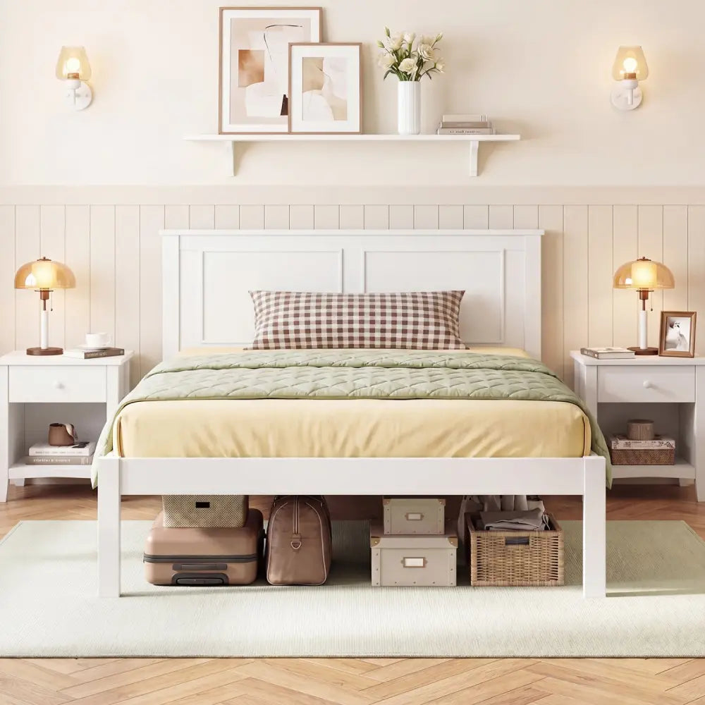 Full/Queen/Twin Size Bed Frame Farmhouse Wooden Platform Bed with Headboard White-Twin Size - Simple Bed Frame