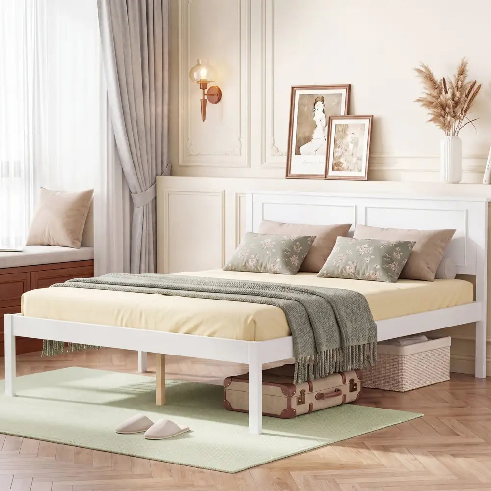 Full/Queen/Twin Size Bed Frame Farmhouse Wooden Platform Bed with Headboard White-Full Size - Simple Bed Frame