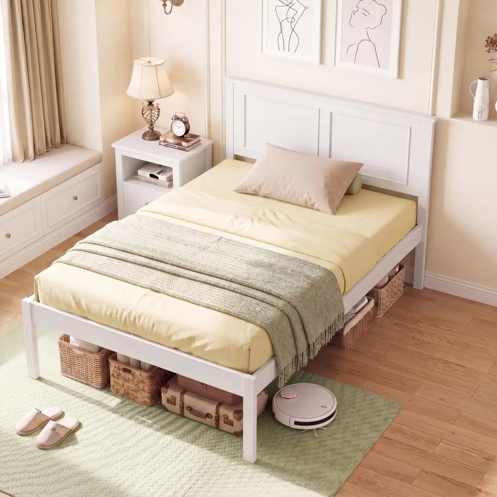 Full/Queen/Twin Size Bed Frame Farmhouse Wooden Platform Bed with Headboard White-Twin Size - Simple Bed Frame