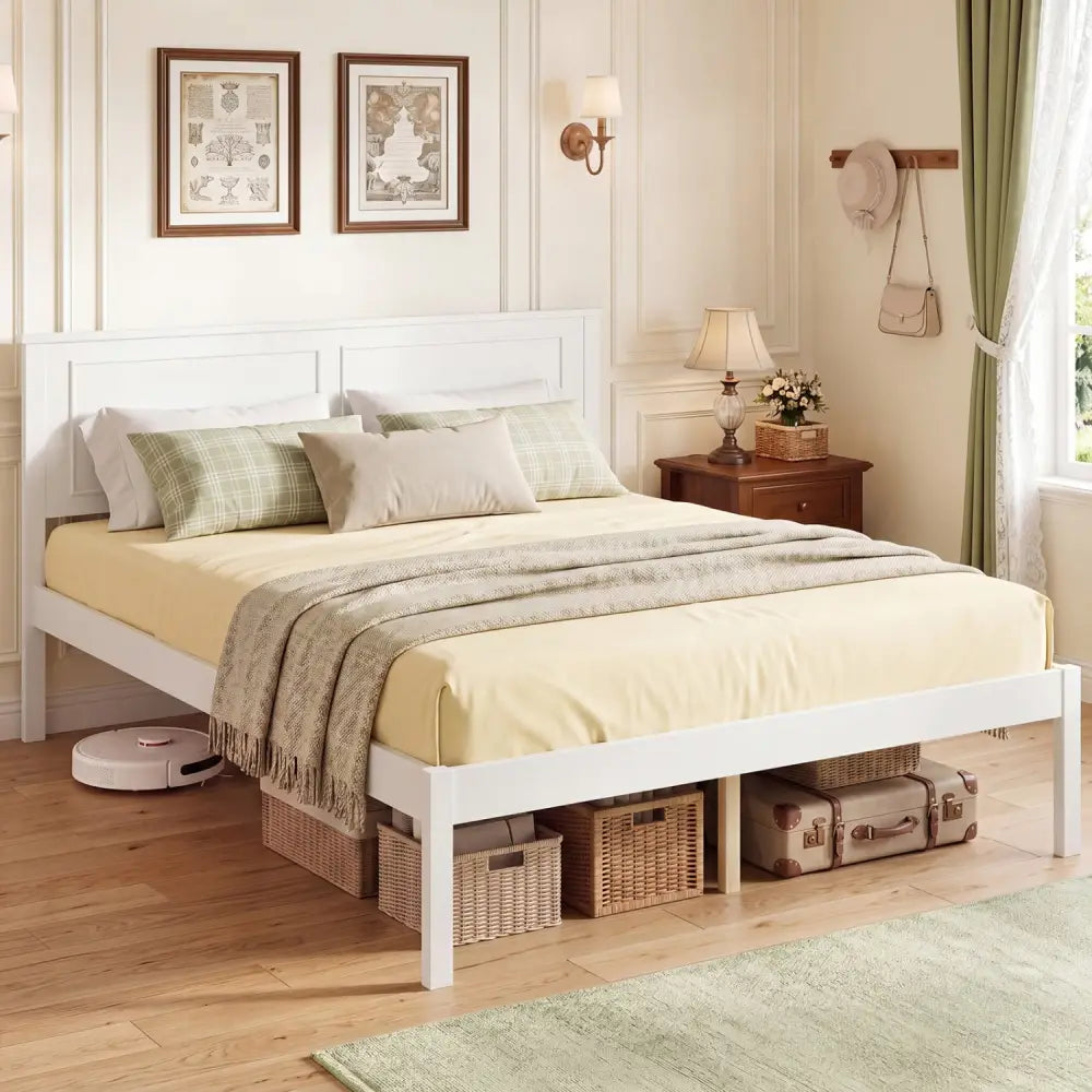 Full/Queen/Twin Size Bed Frame Farmhouse Wooden Platform Bed with Headboard White-Full Size - Simple Bed Frame