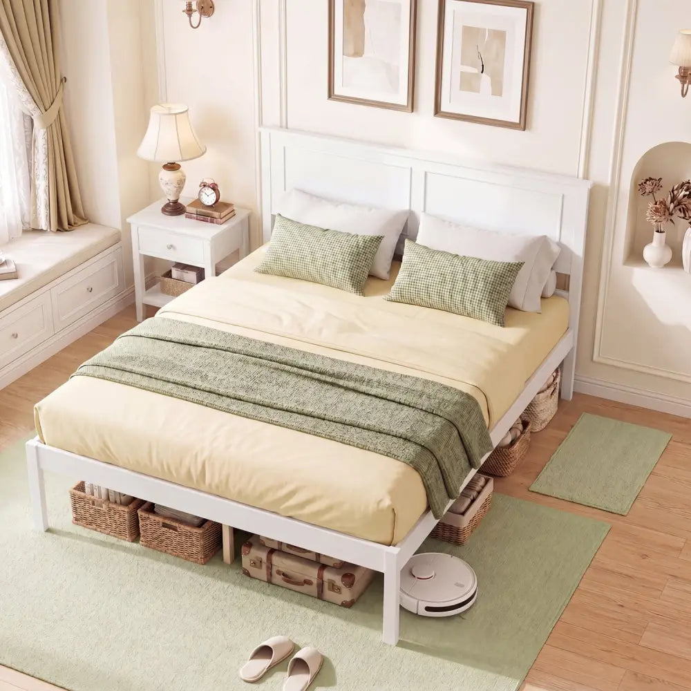 Full/Queen/Twin Size Bed Frame Farmhouse Wooden Platform Bed with Headboard White-Full Size - Simple Bed Frame