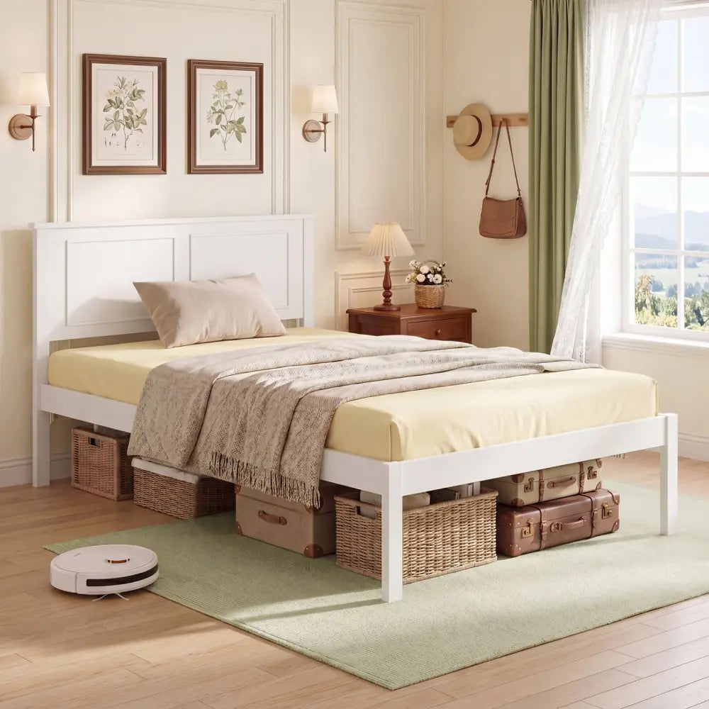 Full/Queen/Twin Size Bed Frame Farmhouse Wooden Platform Bed with Headboard White-Twin Size - Simple Bed Frame