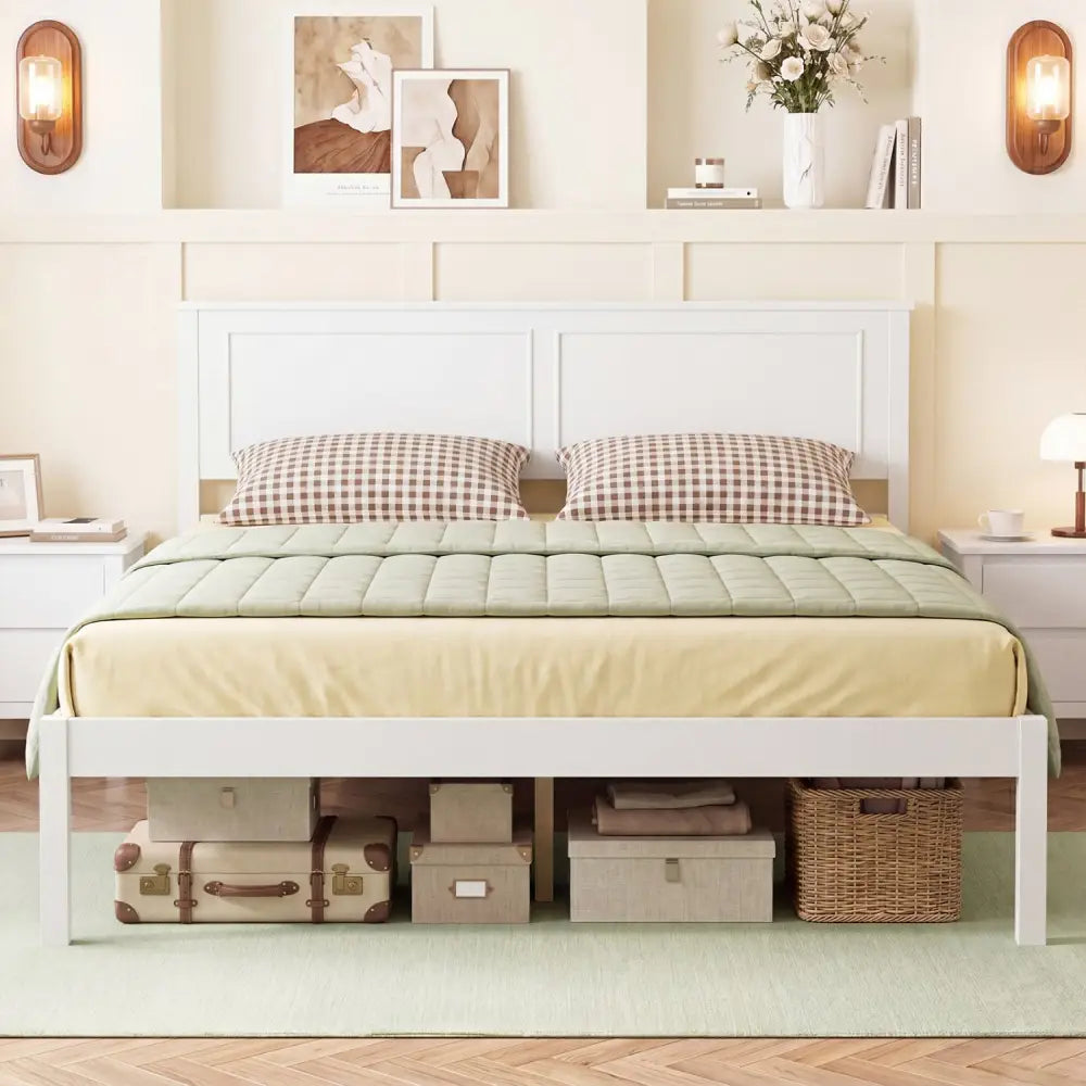 Full/Queen/Twin Size Bed Frame Farmhouse Wooden Platform Bed with Headboard White-Full Size - Simple Bed Frame