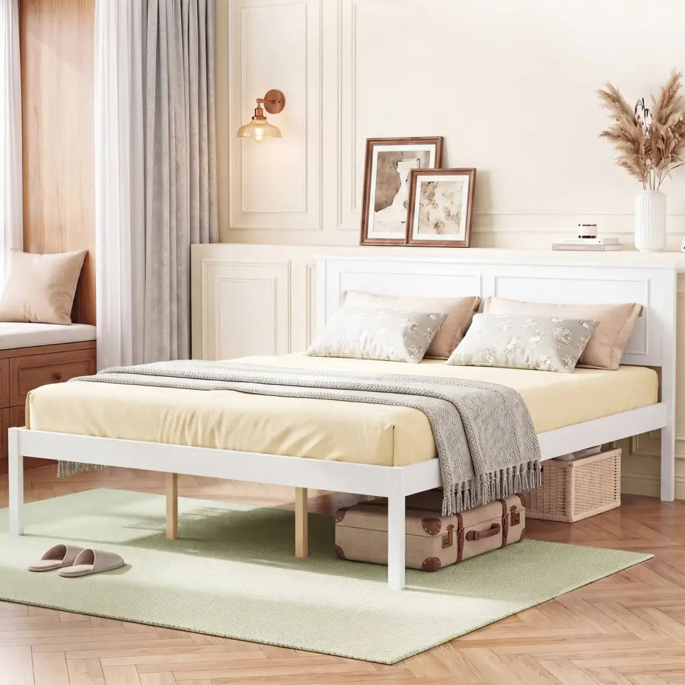 Full/Queen/Twin Size Bed Frame Farmhouse Wooden Platform Bed with Headboard White-Queen Size - Simple Bed Frame