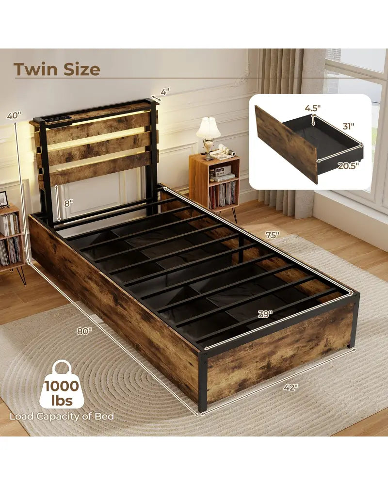 Full/Queen/Twin Size Bed Frame with Drawers LED Lights and USB Ports-Twin Size - Rustic Brown - Simple Bed Frame