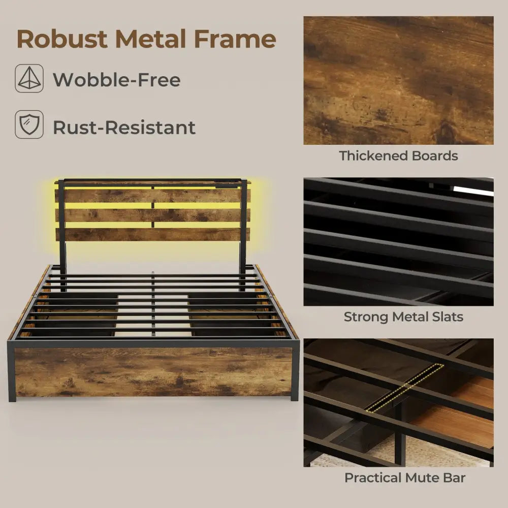 Full/Queen/Twin Size Bed Frame with Drawers LED Lights and USB Ports-Queen Size - Rustic Brown - Simple Bed Frame