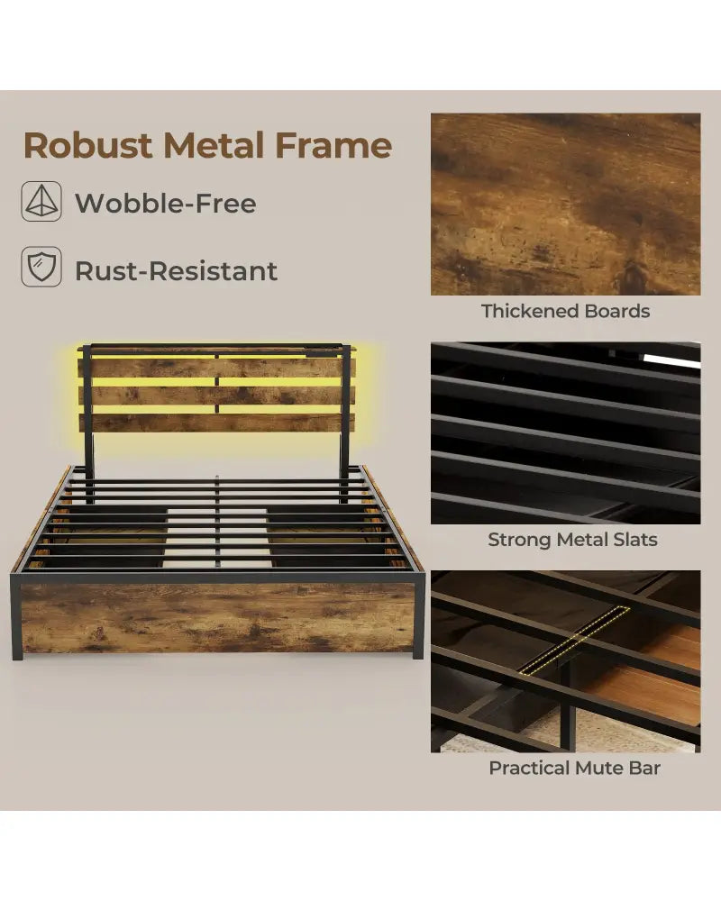 Full/Queen/Twin Size Bed Frame with Drawers LED Lights and USB Ports-Queen Size - Rustic Brown - Simple Bed Frame