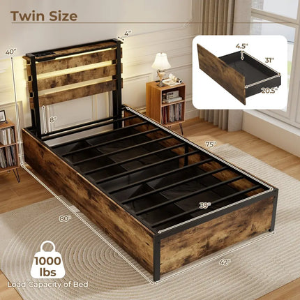 Full/Queen/Twin Size Bed Frame with Drawers LED Lights and USB Ports-Twin Size - Rustic Brown - Simple Bed Frame