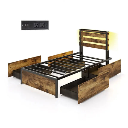Full/Queen/Twin Size Bed Frame with Drawers LED Lights and USB Ports-Twin Size - Rustic Brown - Simple Bed Frame