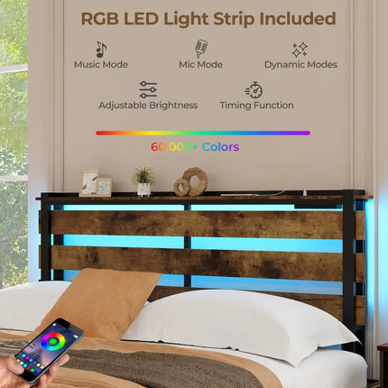 Full/Queen/Twin Size Bed Frame with Drawers LED Lights and USB Ports-Queen Size - Rustic Brown - Simple Bed Frame