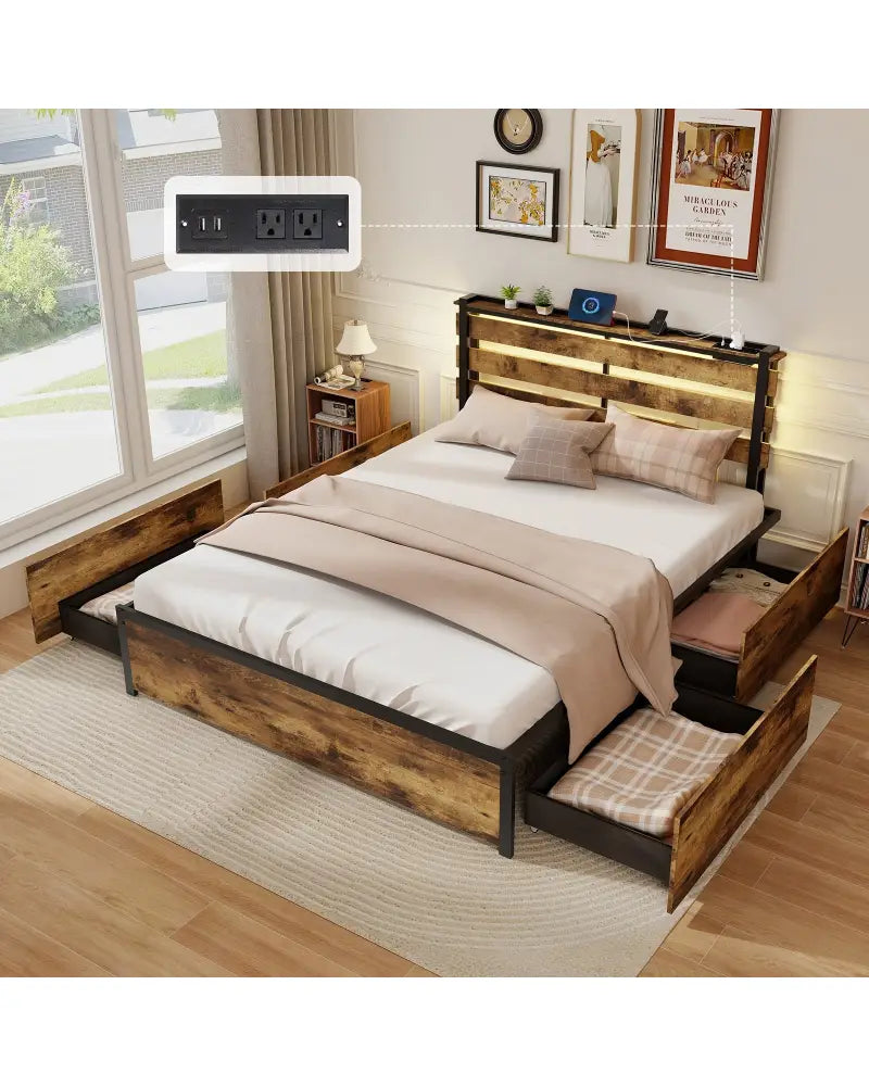 Full/Queen/Twin Size Bed Frame with Drawers LED Lights and USB Ports-Queen Size - Rustic Brown - Simple Bed Frame
