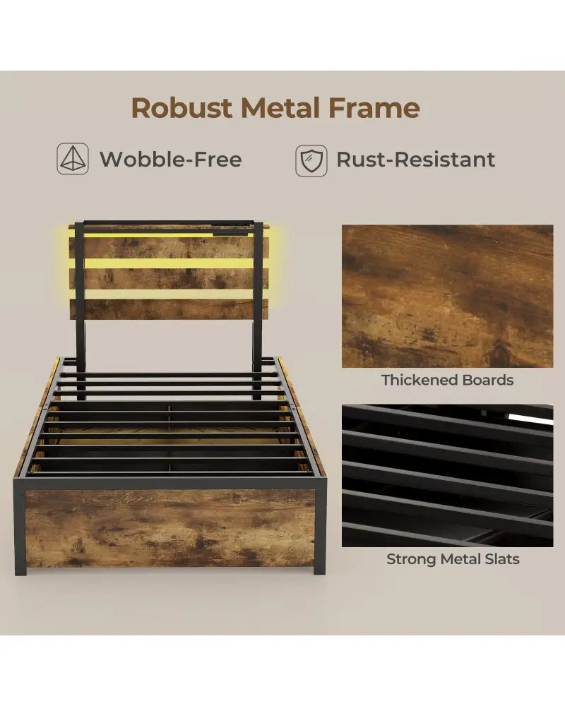 Full/Queen/Twin Size Bed Frame with Drawers LED Lights and USB Ports-Twin Size - Rustic Brown - Simple Bed Frame