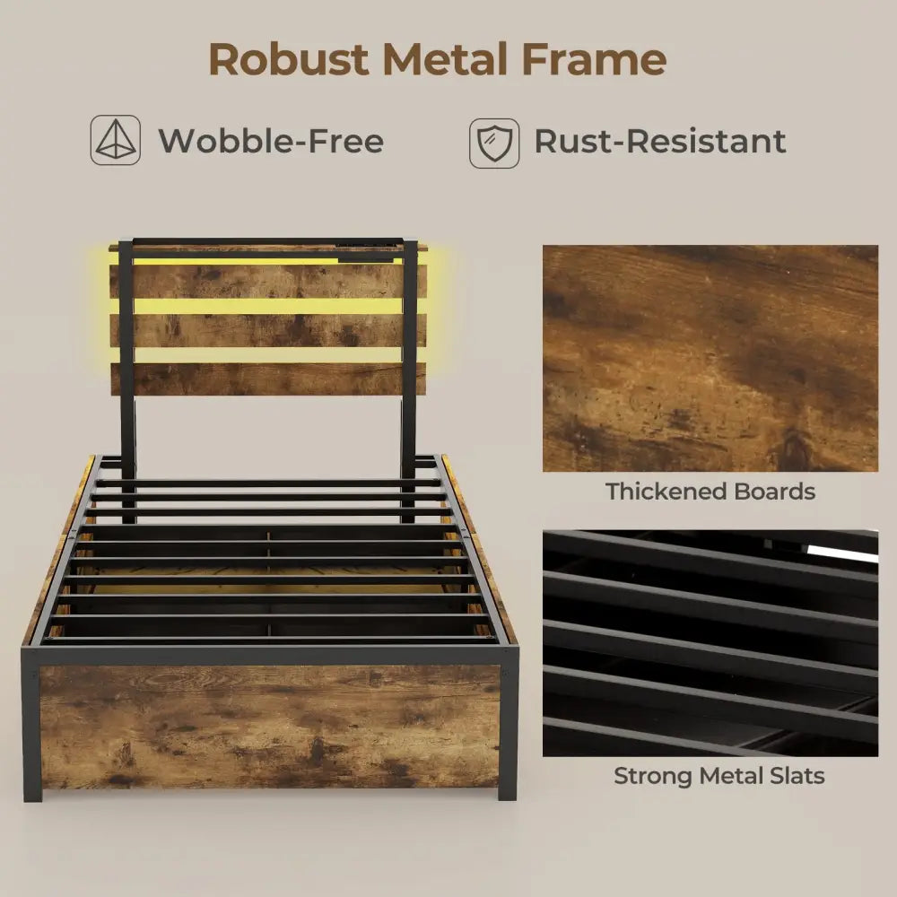 Full/Queen/Twin Size Bed Frame with Drawers LED Lights and USB Ports-Twin Size - Rustic Brown - Simple Bed Frame
