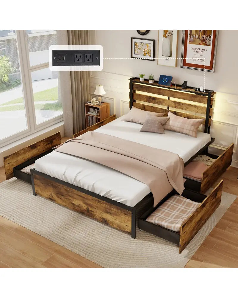 Full/Queen/Twin Size Bed Frame with Drawers LED Lights and USB Ports-Full Size - Simple Bed Frame