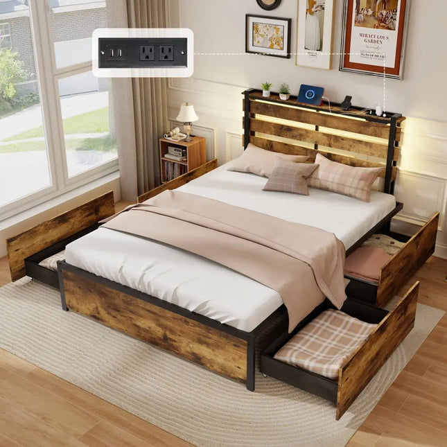 Full/Queen/Twin Size Bed Frame with Drawers LED Lights and USB Ports-Full Size - Simple Bed Frame