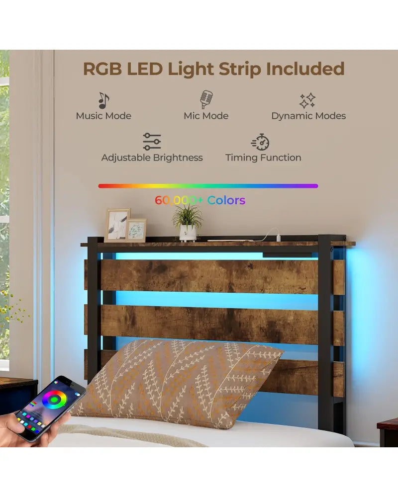 Full/Queen/Twin Size Bed Frame with Drawers LED Lights and USB Ports-Twin Size - Rustic Brown - Simple Bed Frame