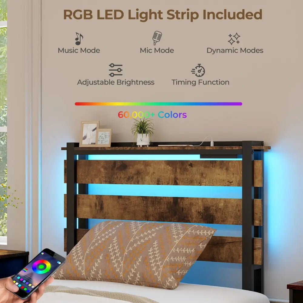 Full/Queen/Twin Size Bed Frame with Drawers LED Lights and USB Ports-Twin Size - Rustic Brown - Simple Bed Frame