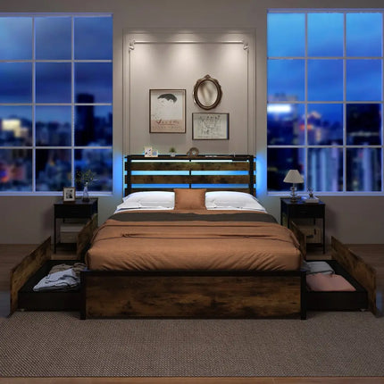 Full/Queen/Twin Size Bed Frame with Drawers LED Lights and USB Ports-Queen Size - Rustic Brown - Simple Bed Frame