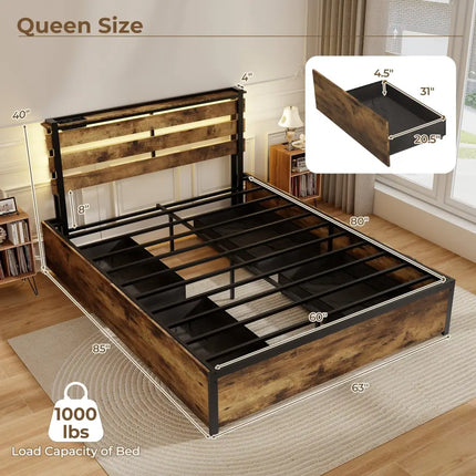 Full/Queen/Twin Size Bed Frame with Drawers LED Lights and USB Ports-Queen Size - Rustic Brown - Simple Bed Frame