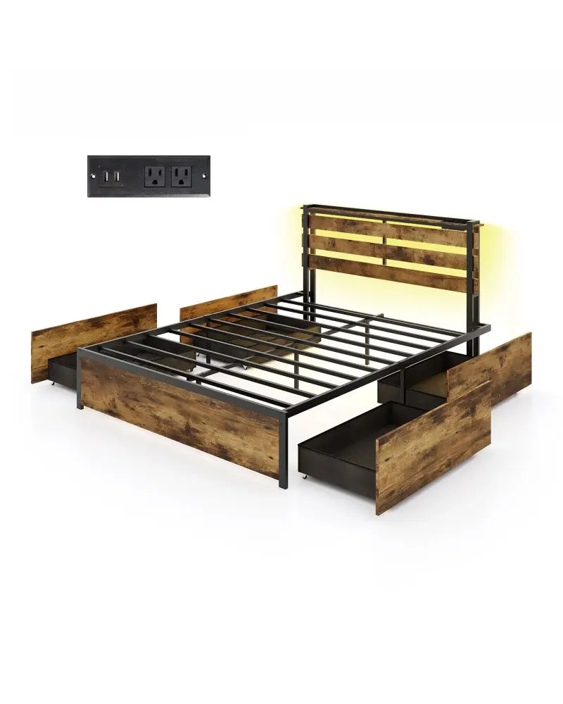Full/Queen/Twin Size Bed Frame with Drawers LED Lights and USB Ports-Queen Size - Rustic Brown - Simple Bed Frame