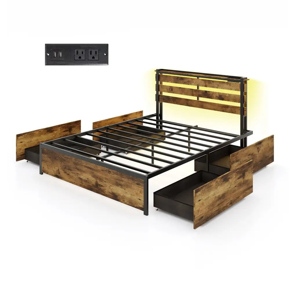Full/Queen/Twin Size Bed Frame with Drawers LED Lights and USB Ports-Queen Size - Rustic Brown - Simple Bed Frame