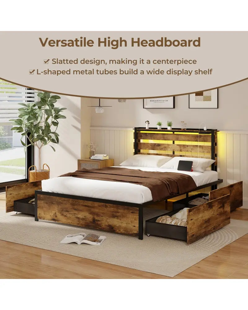 Full/Queen/Twin Size Bed Frame with Drawers LED Lights and USB Ports-Full Size - Simple Bed Frame