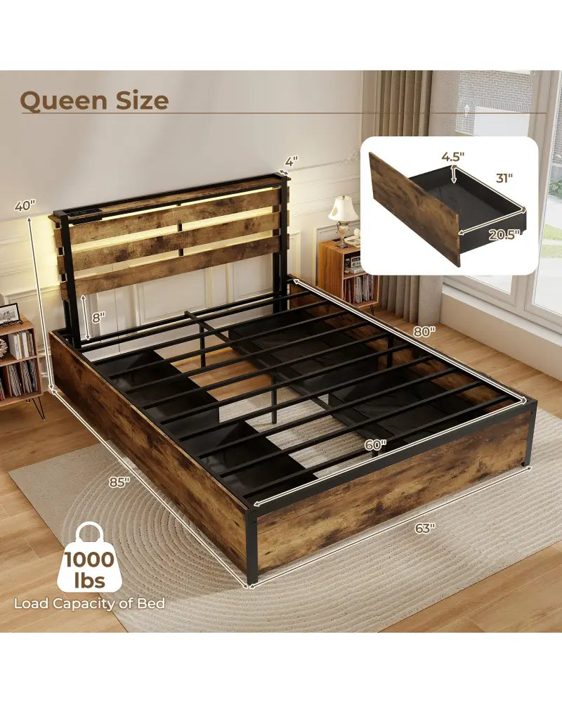 Full/Queen/Twin Size Bed Frame with Drawers LED Lights and USB Ports-Queen Size - Rustic Brown - Simple Bed Frame