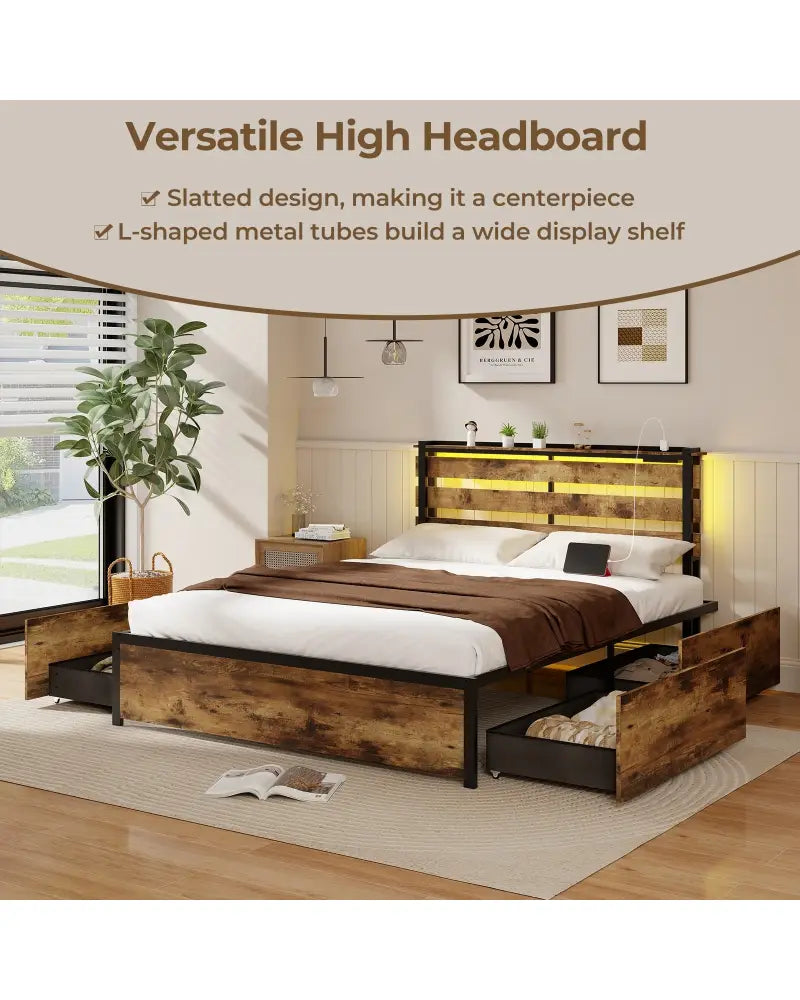 Full/Queen/Twin Size Bed Frame with Drawers LED Lights and USB Ports-Queen Size - Rustic Brown - Simple Bed Frame