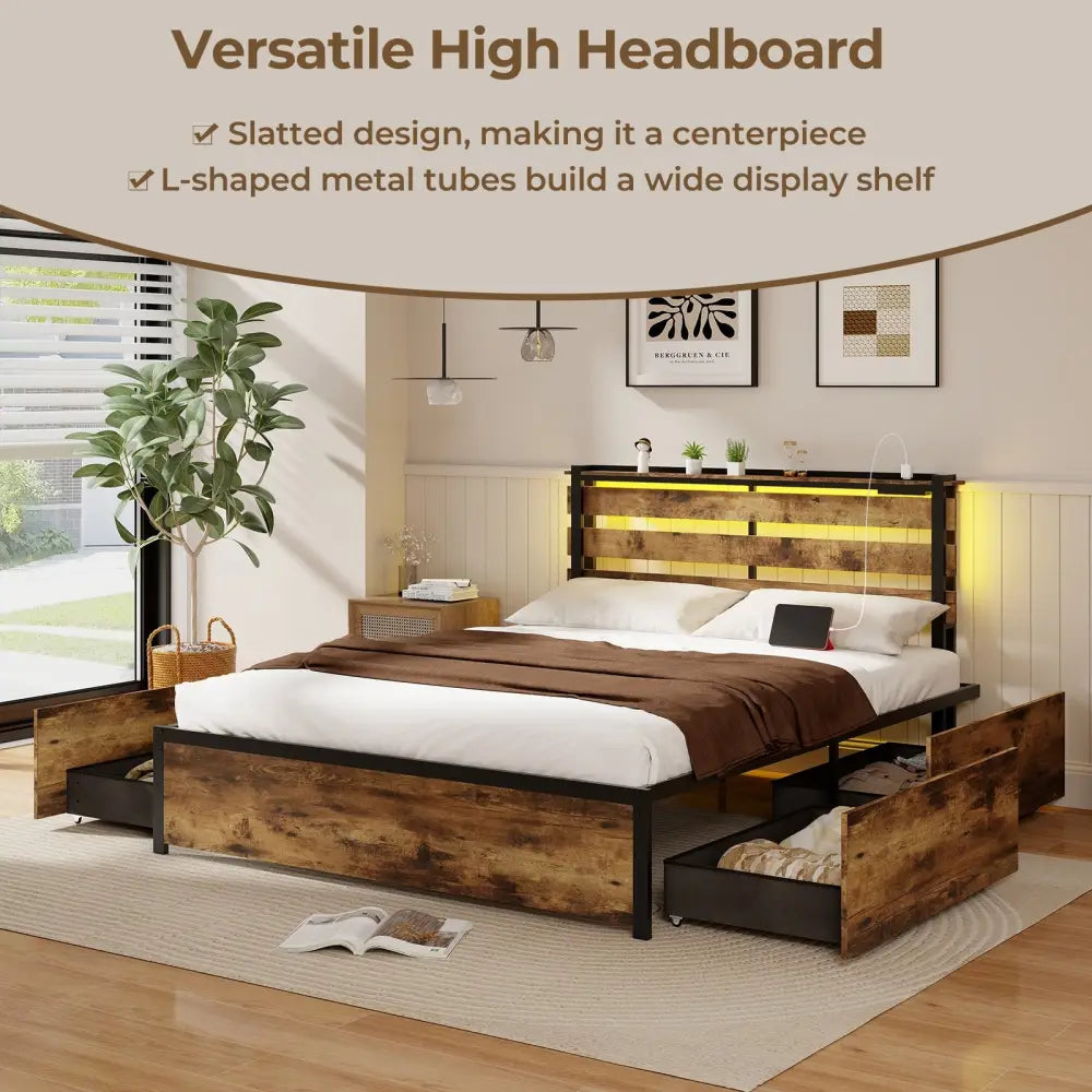 Full/Queen/Twin Size Bed Frame with Drawers LED Lights and USB Ports-Queen Size - Rustic Brown - Simple Bed Frame