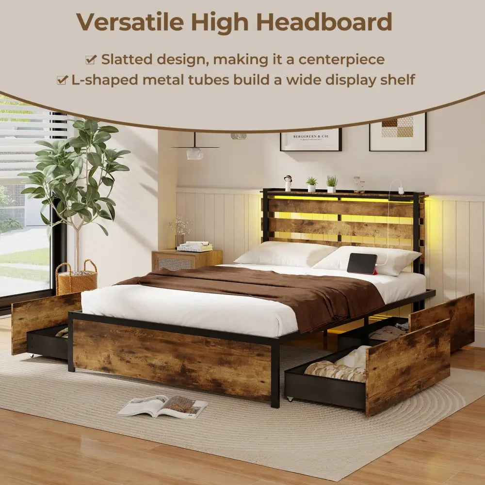 Full/Queen/Twin Size Bed Frame with Drawers LED Lights and USB Ports-Full Size - Simple Bed Frame