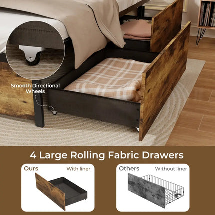 Full/Queen/Twin Size Bed Frame with Drawers LED Lights and USB Ports-Twin Size - Rustic Brown - Simple Bed Frame